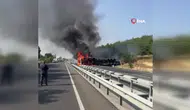 Uşak’ta korkutan kaza! Devrilen tır alevlere teslim oldu