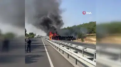 Uşak’ta korkutan kaza! Devrilen tır alevlere teslim oldu
