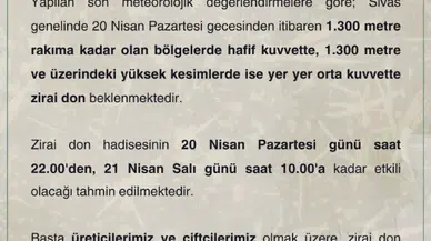 Sivas’ta zirai don uyarısı! Çiftçiler dikkatli olmalı!