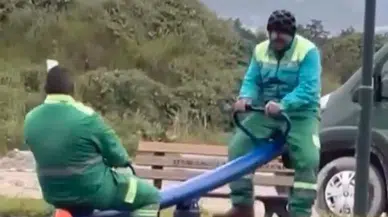 Temizlik İşçilerinin Tahterevalli Keyfi Gündem Oldu