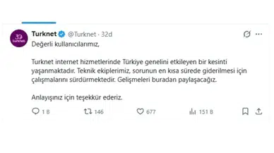 TürkNet’ten Türkiye Geneli Kesinti Açıklaması: Sorun İçin Çalışmalar Sürüyor