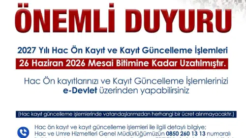 2027 Yılı Hac Ön Kayıt ve Kayıt Güncelleme Süresi Uzatıldı