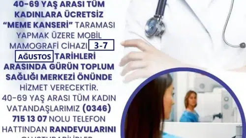 Gürün'de Mobil Mamografi Aracı 3-7 Ağustos'ta Ücretsiz Hizmet Verecek