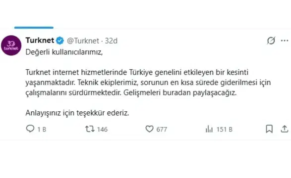 TürkNet’ten Türkiye Geneli Kesinti Açıklaması: Sorun İçin Çalışmalar Sürüyor