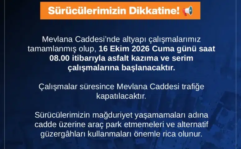 Sivas’ta Mevlana Caddesi Trafiğe Kapatılıyor