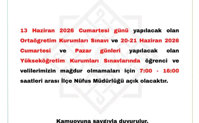 Suşehri’nde Sınav Günlerinde Nüfus Müdürlüğü Açık Olacak