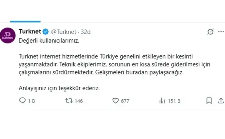 TürkNet’ten Türkiye Geneli Kesinti Açıklaması: Sorun İçin Çalışmalar Sürüyor