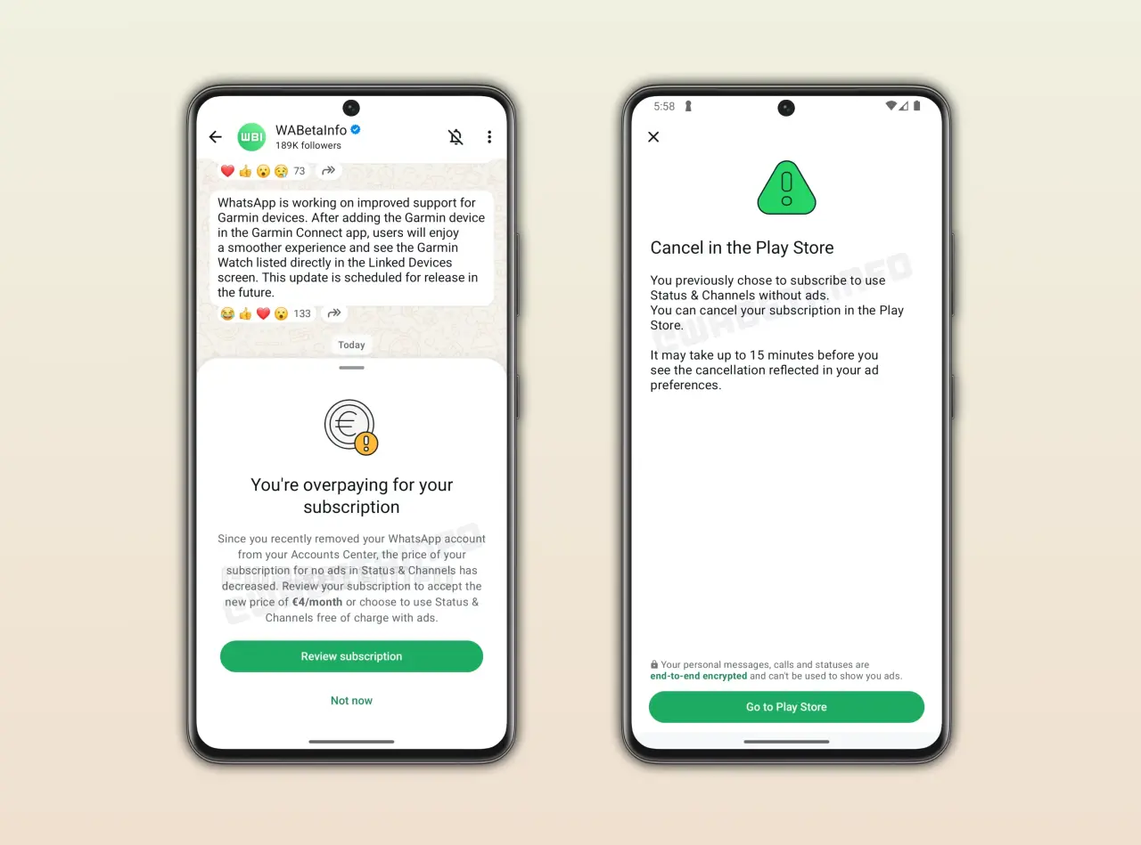 WhatsApp'ta Durumlar sekmesindeki reklamları kaldırmak için isteğe bağlı abonelik planını gösteren ekran görüntüsü